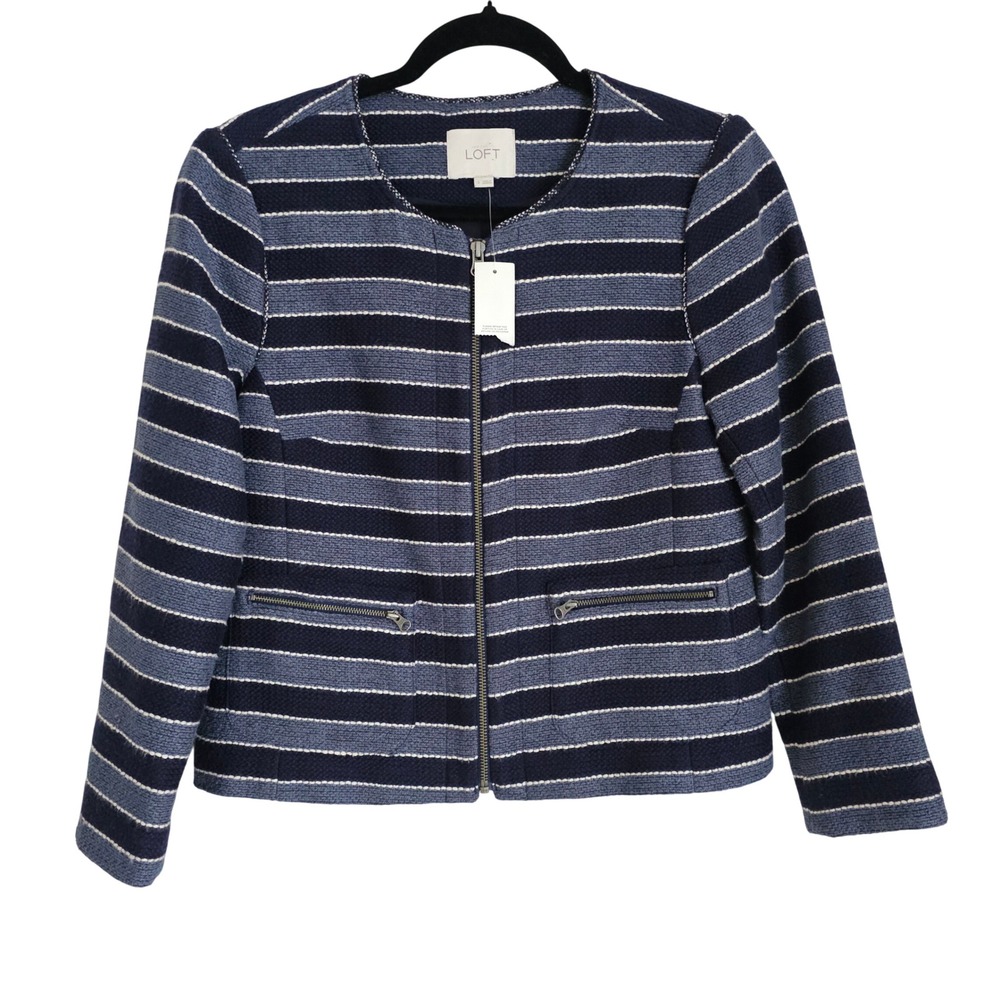 Ann Taylor LOFT Blue Striped Zip Front Blazer Jacket Sz 4 NWT Coastal Preppy
